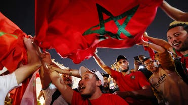 December 1, 2022, Morocco fans celebrate in Souq Waqif after the Canada v Morocco match as Morocco qualify for the knockout stages in Doha, Qatar. (Reuters)