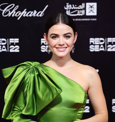 Hollywood actress Lucy Hale poses on the red carpet at the Red Sea Film Festival in Saudi Arabia’s Jeddah on December 1, 2022. (Twitter)