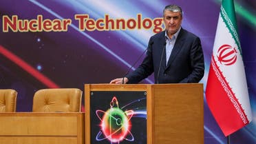 A handout picture provided by the Iranian presidency shows Mohammad Eslami, chief of the Atomic Energy Organization of Iran (AEOI), speaking at an event during the 16th National Day of Nuclear Technology in the capital Tehran on April 9, 2022. (HO/Iranian Presidency/AFP)