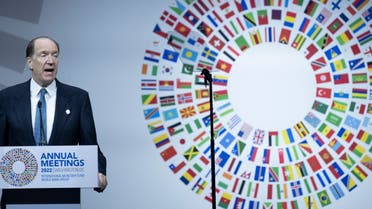World Bank Group President David Malpass speaks during the annual meetings plenary of the IMF and the World Bank Group annual meeting at the IMF headquarters in Washington, DC, on October 14, 2022. (AFP)