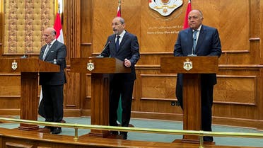 Jordanian Foreign Minister Ayman Safadi meets with Egyptian Foreign Minister Sameh Shoukry and Iraqi Foreign Minister Fuad Hussein, in Amman, Jordan December 7, 2022. REUTERS/Jehad Shelbak