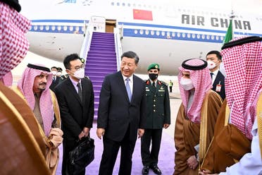 Saudi officials welcome China’s President Xi Jinping upon his arrival to King Khalid International Airport in Riyadh. (SPA)