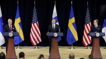 US Secretary of State Antony Blinken is flanked by Finland’s Foreign Minister Pekka Haavisto and Sweden’s Foreign Minister Tobias Billstrom during a joint news conference at the State Department in Washington, December 8, 2022. (Reuters)