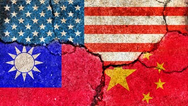 Grunge flags illustration of three countries with conflict and political problems (cracked concrete background) | USA, China and Taiwan stock illustration