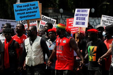 Ghanaians march in the streets on the second day of protests over recent economic hardships, in Accra, Ghana, on June 29, 2022. (Reuters)