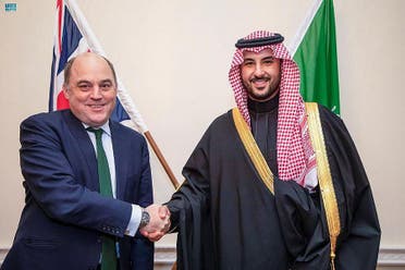 Britain's Defense Secretary Ben Wallace (Left) and Saudi Arabia's Minister of Defense Prince Khalid bin Salman (right). (SPA)