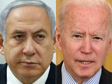 Israeli PM Benjamin Netanyahu (R) in Tel Aviv, Feb. 23, 2020, and US President Joe Biden in Washington, DC, on May 7, 2021. (AFP)