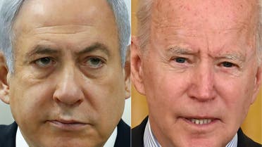 Israeli PM Benjamin Netanyahu (R) in Tel Aviv, Feb. 23, 2020, and US President Joe Biden in Washington, DC, on May 7, 2021. (AFP)
