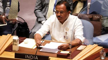 India’s Minister of State for External Affairs V. Muraleedharan speaks to a United Nations Security Council meeting on food insecurity and conflict at UN headquarters in New York City, New York, US, on May 19, 2022. (Reuters)