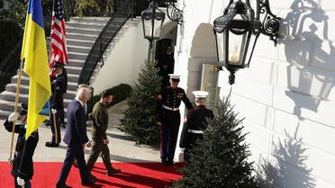 US President Joe Biden and First Lady Jill Biden welcome Ukraine President Volodymyr Zelenskyy to the White House on December 21, 2022. (AFP)