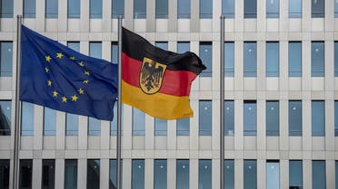 EU (L) and German flags fly in front of the headquarters of Germany’s Federal Intelligence Service (BND) in Berlin on May 19, 2020. (AFP)