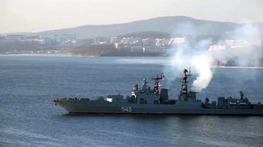 This video grab taken from a handout footage released by the Russian Defense Ministry on December 19, 2022 shows a warship of the Russian Pacific Fleet leaving Vladivostok to take part in the joint Russia-China naval exercise of “Naval Interaction-2022.” (AFP)