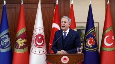 Turkish Defense Minister Hulusi Akar holds a news conference in Ankara, Turkey December 24, 2022. (Turkish Defense Ministry via Reuters)