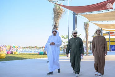 Sheikh Hamdan (centre) is accompanied by senior officials and executives from Modon Properties during the launch of Mugheirah Bay and Mamsha Al Mugheirah. (supply)