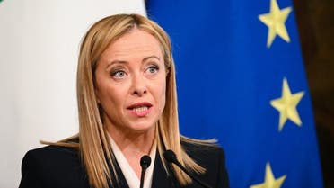 Italy’s Prime Minister Giorgia Meloni speaks during a joint press conference with NATO’s general secretary following their meeting on November 10, 2022 at Palazzo Chigi in Rome. (AFP)