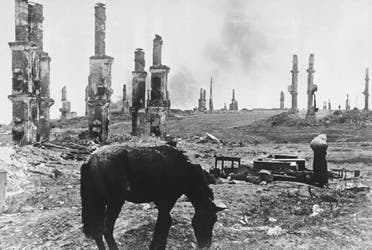 An abandoned horse grazes among the ruins of the Russian city of Stalingrad, now Volgograd, on Dec. 18, 1942, about four months into the battle for the city on the Volga River between Axis forces and the Soviet army. (AP)