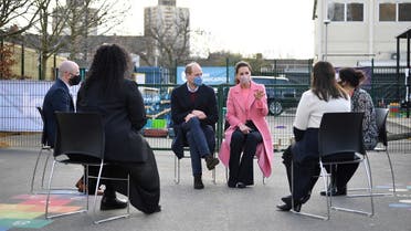 Britain’s Prince William and Catherine, Duchess of Cambridge discuss with teachers and mental health professionals during a visit to School 21 following its re-opening after the easing of coronavirus disease lockdown restrictions in east London, Britain, on March 11, 2021. (Reuters)