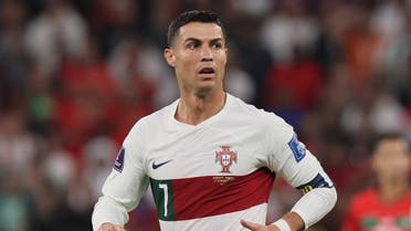 Portugal’s forward #07 Cristiano Ronaldo reacts during the Qatar 2022 World Cup quarter-final football match between Morocco and Portugal at the Al-Thumama Stadium in Doha on December 10, 2022. (AFP)