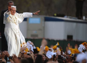 In this file photo taken on April 19, 2008 Pope Benedict XVI waves to youths at the end of a rally at St Joseph’s Seminary in Yonkers, New York. (AFP)