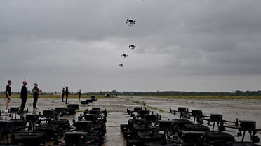 DJI Matrice 300 reconnaissance drones, bought in the frame of program 'The Army of Drones' are seen during test flights in the Kyiv region on August 2, 2022, prior to being sent to the front line. 'The Army of Drones' is a project initiated by the General Staff of the Armed Forces and the Ministry of Digital Transformation which is a comprehensive program in which organisation purchases drones, repair them, and train operators. (Photo by Sergei SUPINSKY / AFP)
