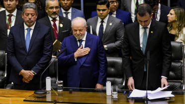 Brazil's new President Luiz Inacio Lula da Silva gestures as he is sworn in at the National Congress, in Brasilia, Brazil, January 1, 2023. (Reuters)