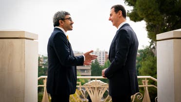 Sheikh Abdullah bin Zayed Al Nahyan (left) meets Syrian President Bashar Assad (right). (WAM)