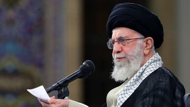 A handout picture provided by the office of Iran’s Supreme Leader Ali Khamenei on November 19, 2022, shows him in the capital Tehran, addressing a group of Iranians from the central city of Isfahan. (Khamenei.ir via AFP)