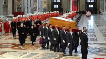 The coffin of the late Pope Emeritus Benedict XVI is carried into St. Peter’s Basilica, where the Pope Emeritus will be laid to rest in the former tomb of Pope St. John Paul II underneath the basilica. (Twitter)