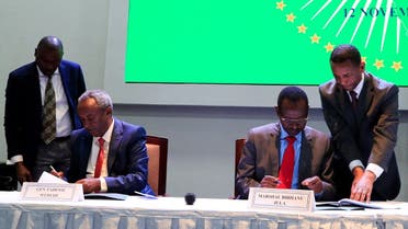 Field Marshal of the Ethiopian National Defence Force and Chief of General Staff of Ethiopia Birhanu Jula, and Tadesse Werede Tesfay, the Commander-in-Chief of the Tigray forces, sign the implementation of the cessation of hostilities agreement between the Ethiopian government and Tigrayan forces, laying out the roadmap for implementation of a peace deal, in Nairobi, Kenya November 12, 2022. REUTERS