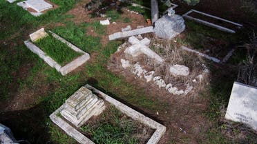 An aerial view shows vandalized tombstones at the Protestant Mount Zion Cemetery where acts of vandalism took place in Jerusalem January 4, 2023. (Reuters)