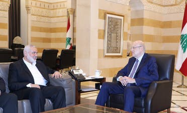 Lebanese Prime Minister Najib Mikati (R) meeting with Palestinian Hamas movement's leader Ismail Haniyeh at the Governmental Palace in the capital Beirut, June 27, 2022. (DALATI and NOHRA/AFP)