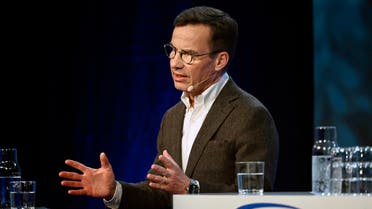 Swedish Prime Minister Ulf Kristersson speaks during the annual Society and Defence Conference in Salen, Sweden, Sunday, Jan. 8, 2023. (Henrik Montgomery/TT News Agency via AP)