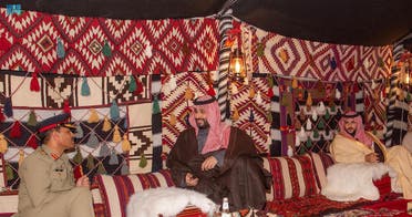 Saudi Arabia’s Crown Prince Mohammed bin Salman received Pakistan’s Chief of Army Staff Lieutenant General Asim Munir at the winter camp in AlUla. (SPA)
