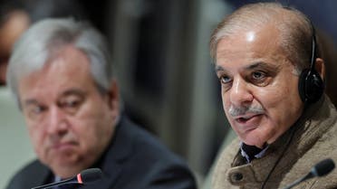 Pakistan’s Prime Minister Shehbaz Sharif and United Nations Secretary General Antonio Guterres attend a summit on climate resilience in Pakistan, months after deadly floods in the country, at the United Nations, in Geneva, Switzerland, on January 9, 2023. (Reuters)