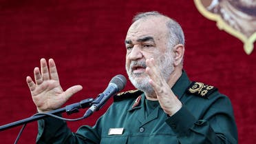 Hossein Salami, head of Iran’s Islamic Revolutionary Guard Corps (IRGC), speaks during a funeral ceremony in the capital Tehran on August 4, 2022, held for five soldiers killed in Syria. (AFP)