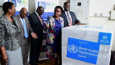 Uganda Health Minister Jane Ruth Aceng address the media after receiving a shipment of 1,200 doses for Ebola vaccine candidates, set to be used in a clinical trial, at the National Medical Stores (NMS) in Entebbe, Uganda, on December 8, 2022. (Reuters)