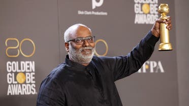 M. M. Keeravani poses with his award for Best Song in a Motion Picture for ‘Naatu Naatu’ for film ‘RRR’ at the 80th Annual Golden Globe Awards in Beverly Hills, California, US, on January 10, 2023. (Reuters)