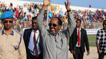 Somalia’s President Hassan Sheikh Mohamud (C) gestures as he attends a rally against the al-Shabaab extremist group in Mogadishu on January 12, 2023. (AFP)