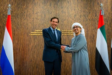 The UAE’s foreign minister Sheikh Abdullah bin Zayed receives his Dutch counterpart Wopke Hoekstra in Abu Dhabi to discuss ways to enhance the partnership between the two nations. (WAM)