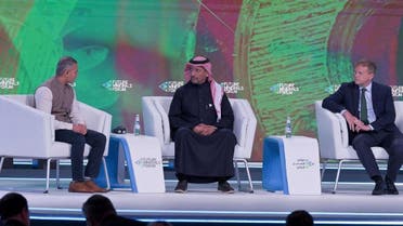 Saudi Arabia’s Minister of Industry and Mineral Resources and Britain’s Secretary of State for Business, Energy and Industrial Strategy  during a panel discussion at the International Mining Conference in Riyadh, Saudi Arabia. (SPA)