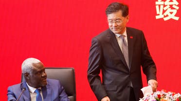 China's Foreign Minister Qin Gang and the African Union Commission (AUC) Chairperson, Moussa Faki arrive to address delegates at the inauguration of the new Africa Centres for Disease Control and Prevention headquarters, which China is building and equipping in Addis Ababa, Ethiopia, January 11, 2023. (Reuters)