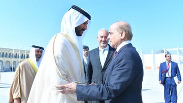 Pakistan's Prime Minister Shahbaz Sharif received by the Minister for Economy of the UAE Abdullah bin Touq al-Marri at Abu Dhabi Airport. (Twitter)