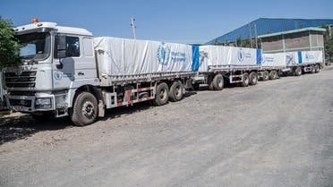 A general view of World Food Programme (WFP) trucks in Adama, Ethiopia, on January 12, 2023. (AFP)