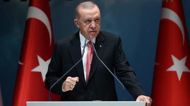 Turkish President Tayyip Erdogan speaks during a meeting of his ruling AK Party in Ankara, Turkey, on January 5, 2023. (Presidential Press Office/Handout via Reuters)