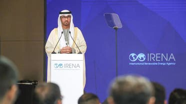 COP28 President-designate Minister of Industry and Advanced Technology Sultan al-Jaber gives a speech at the 13th IRENA Assembly in Abu Dhabi, UAE. (WAM)