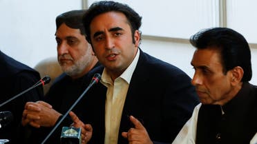Bilawal Bhutto Zardari, chairman of the Pakistan People’s Party (PPP) along with Khalid Maqbool Siddiqui, leader of the Muttahida Qaumi Movement (MQM) political party, and Akhtar Mengal, chairman of Balochistan National Party (BNP) along with the leaders of the Pakistan Democratic Movement (PDM), an alliance of political opposition parties, attend a joint press conference in Islamabad, Pakistan, on March 30, 2022. (Reuters)