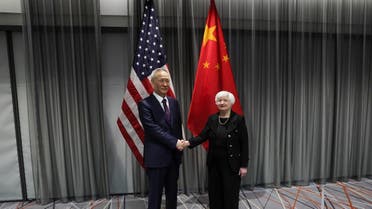 U.S. Treasury Secretary Janet Yellen shakes hands with Chinese Vice Premier Liu He as they meet for talks in Zurich, Switzerland, January, 18, 2023. REUTERS/Denis Balibouse