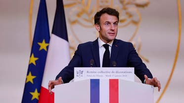 French President Emmanuel Macron delivers a speech during a collective award ceremony for sport celebrities, at the Elysee Presidential Palace in Paris on January 17, 2023. (AFP)