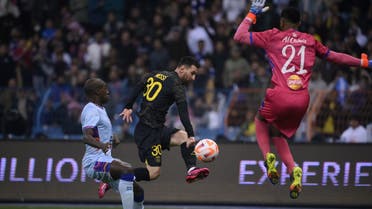 Paris Saint-Germain's Argentine forward Lionel Messi shoots to score the opening goal during the Riyadh Season Cup between the Riyadh All-Stars and Paris Saint-Germain at the King Fahd Stadium in Riyadh on January 19, 2023. (AFP)