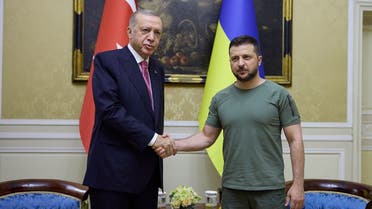 This handout picture taken and released by Ukrainian Presidential press-service on August 18, 2022 shows Ukrainian President Volodymyr Zelenskyy (R) shaking hands with his Turkish counterpart Recep Tayyip Erdogan in western Ukrainian city of Lviv, amid Russian invasion of Ukraine. (AFP)